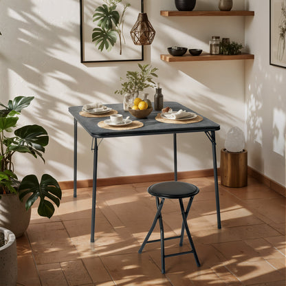 FurnitureR 2-Piece Folding Table and Chair Set for 1, Space-Saving Square Card Table with Single Stool, Ideal for Small Spaces, Home, Patio, Black