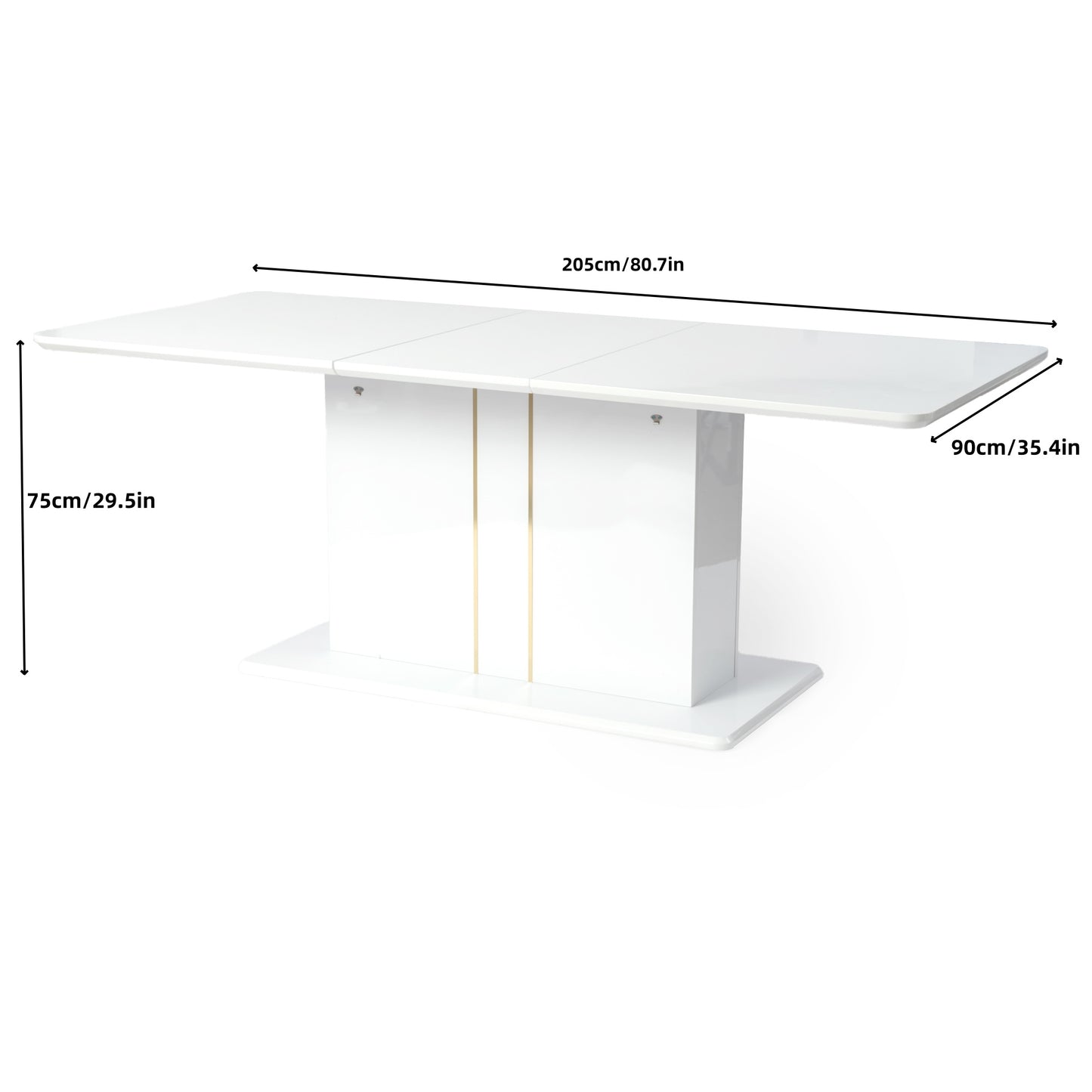 FurnitureR Extendable Dining Table with Glossy White Top, Modern Rectangular Kitchen Table with Pedestal Base for Dining Room Living Room