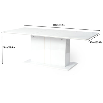 FurnitureR Extendable Dining Table with Glossy White Top, Modern Rectangular Kitchen Table with Pedestal Base for Dining Room Living Room