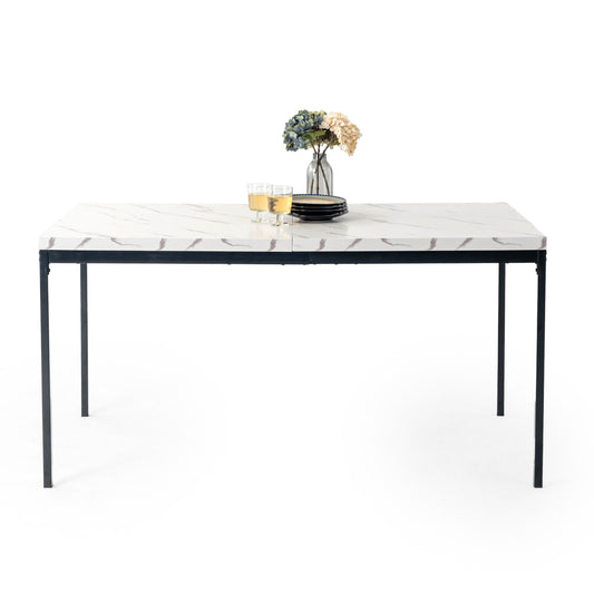 FurnitureR 59-Inch Rectangular Dining Table with Marble-Style Top, Modern Kitchen Table with Metal Legs for Dining Room Living Room Apartment
