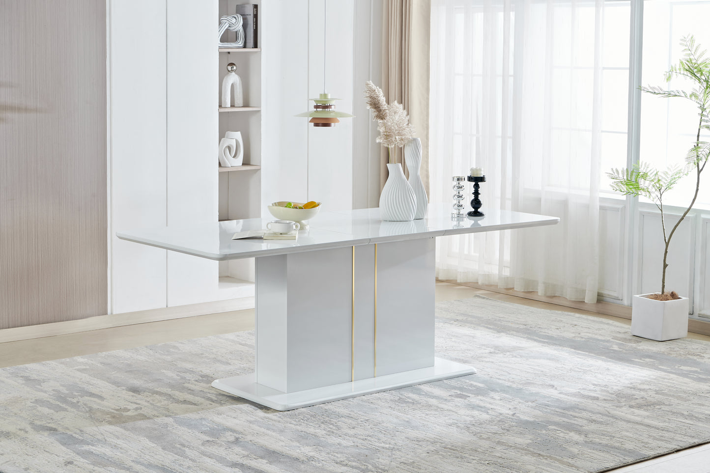 FurnitureR Extendable Dining Table with Glossy White Top, Modern Rectangular Kitchen Table with Pedestal Base for Dining Room Living Room