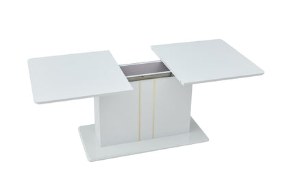 FurnitureR Extendable Dining Table with Glossy White Top, Modern Rectangular Kitchen Table with Pedestal Base for Dining Room Living Room