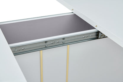 FurnitureR Extendable Dining Table with Glossy White Top, Modern Rectangular Kitchen Table with Pedestal Base for Dining Room Living Room