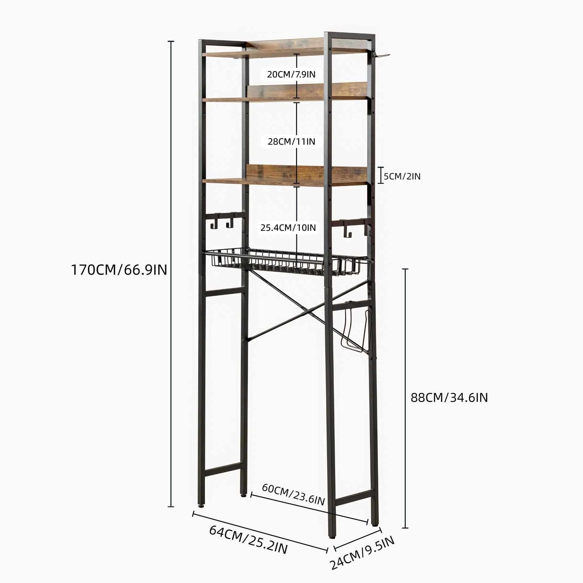 FurnitureR 4-Tier Over-The-Toilet Storage Shelf, Freestanding Bathroom Organizer with Adjustable Shelf & Basket, Space-Saving Rack Above Toilet, Brown