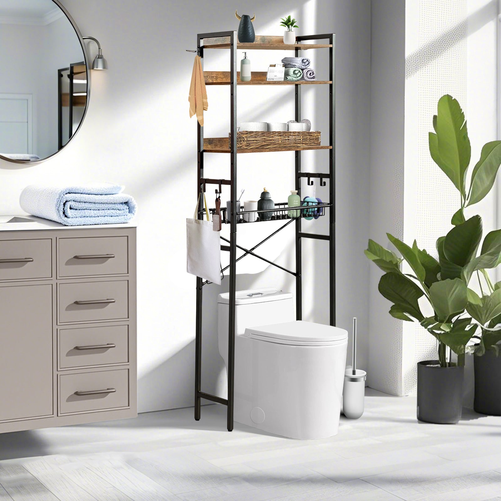 FurnitureR 4-Tier Over-The-Toilet Storage Shelf, Freestanding Bathroom Organizer with Adjustable Shelf & Basket, Space-Saving Rack Above Toilet, Brown