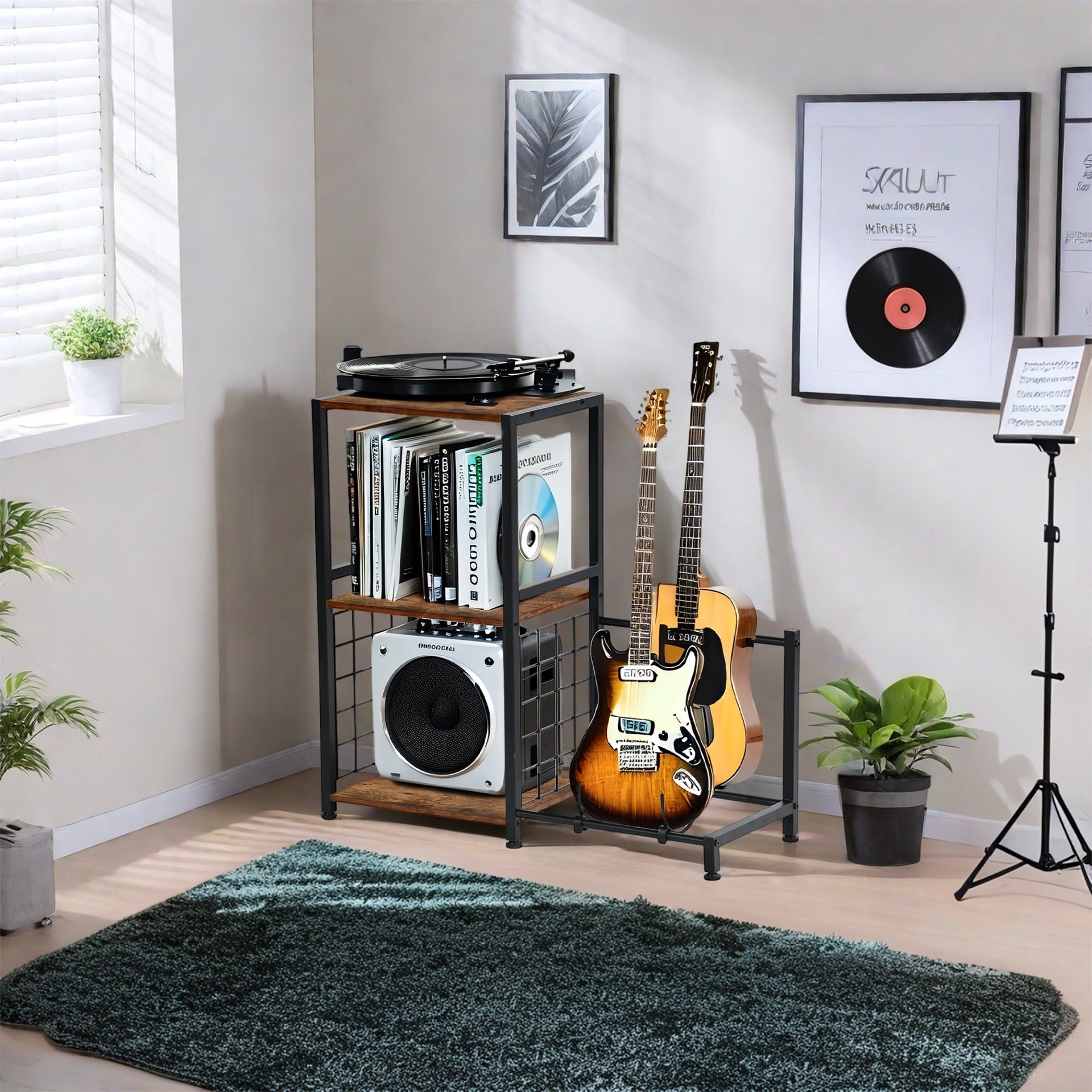 FurnitureR Multifunctional Guitar Stand with Storage Shelves ¨C Industrial Style 3-Tier Music Equipment Rack with Wooden Board, Brown
