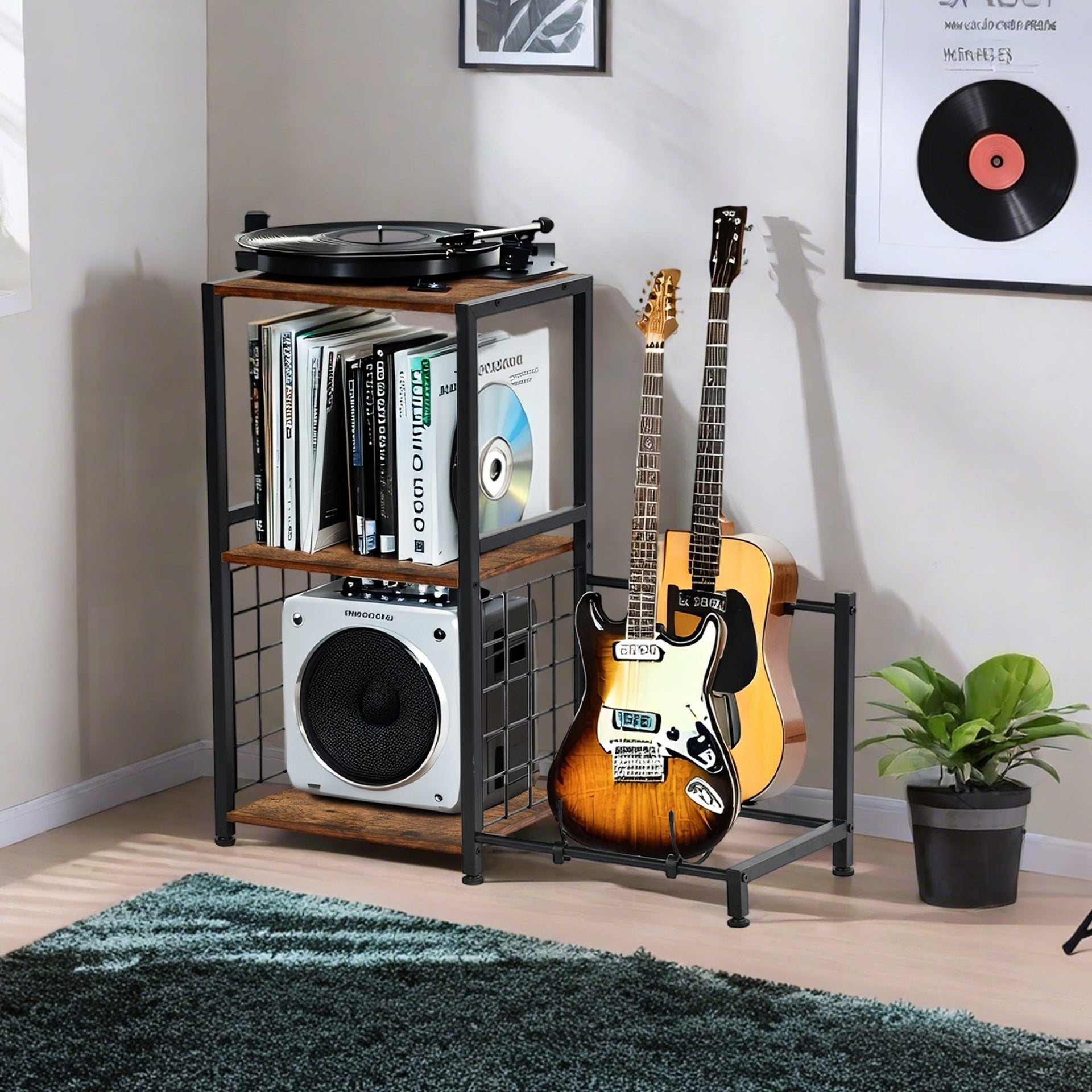 FurnitureR Multifunctional Guitar Stand with Storage Shelves ¨C Industrial Style 3-Tier Music Equipment Rack with Wooden Board, Brown