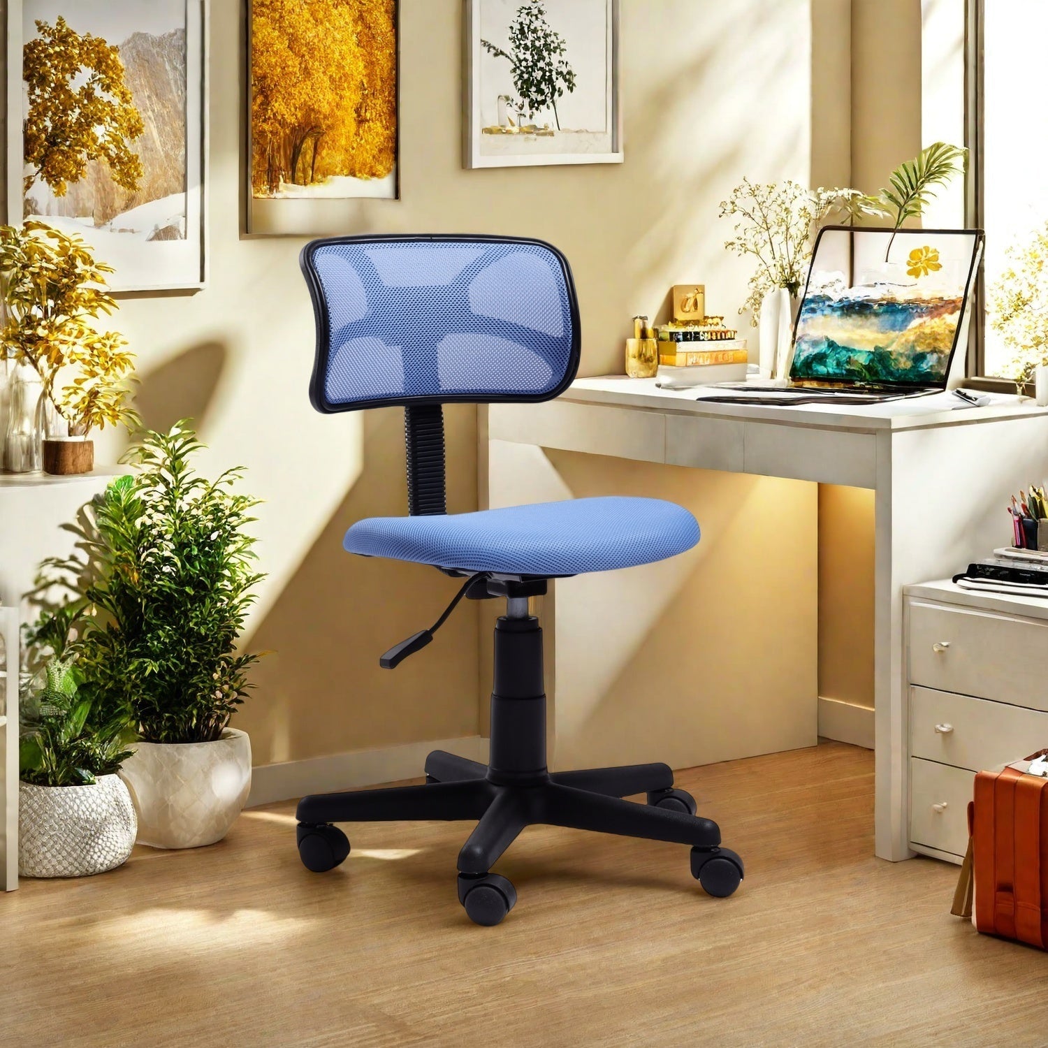 FurnitureR Desk Chair Low-Back, Mesh Study Task Chair Armless Ergonomic Swivel Adjustable Rolling Seating for Home Office Bedroom Study, Blue