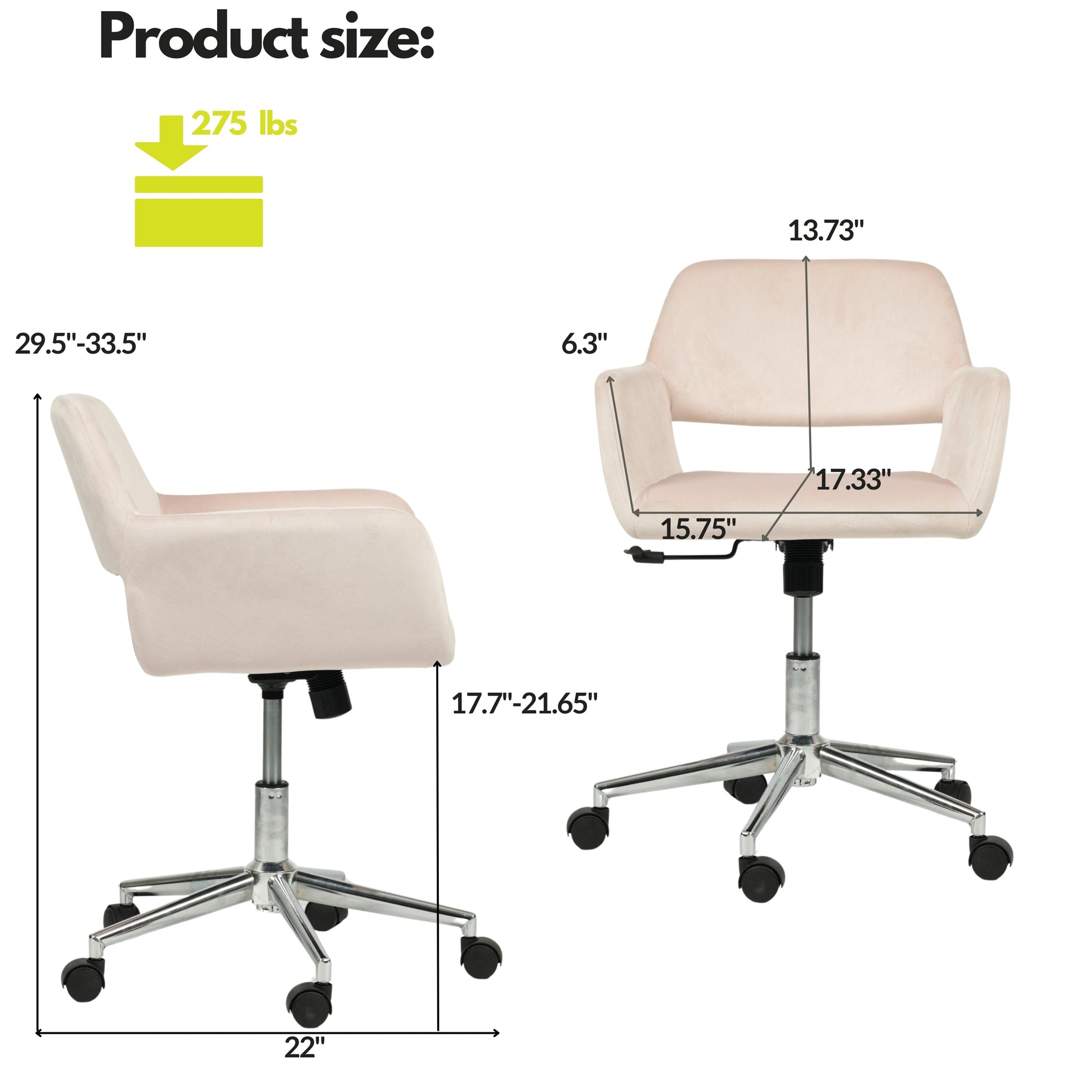 FurnitureR Home Office Chair, Mid Back Velvet Vanity Desk Chairs with Rolling Wheels, Adjustable Chair for Living Room, Bedroom, Studying, Blush