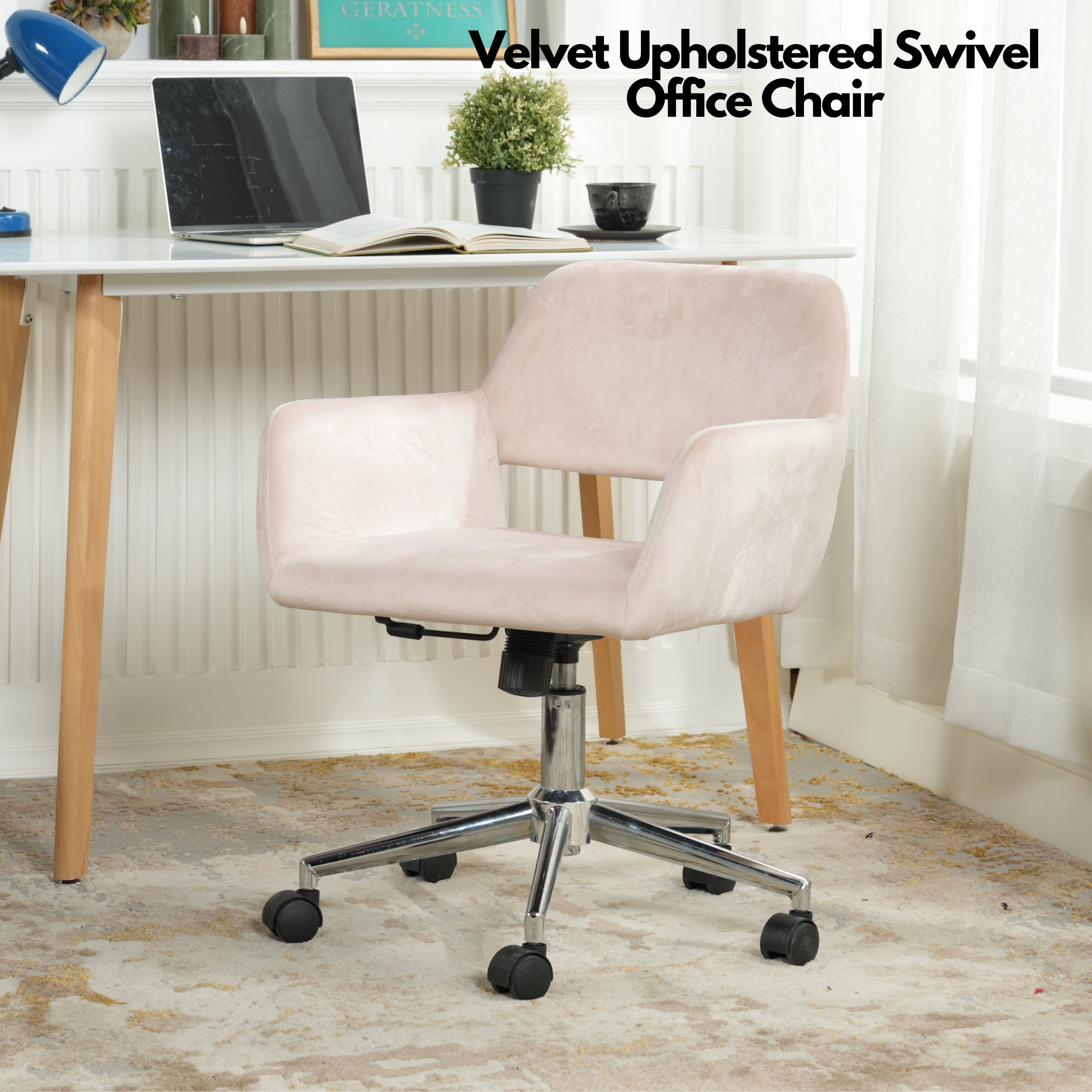 FurnitureR Home Office Chair, Mid Back Velvet Vanity Desk Chairs with Rolling Wheels, Adjustable Chair for Living Room, Bedroom, Studying, Blush