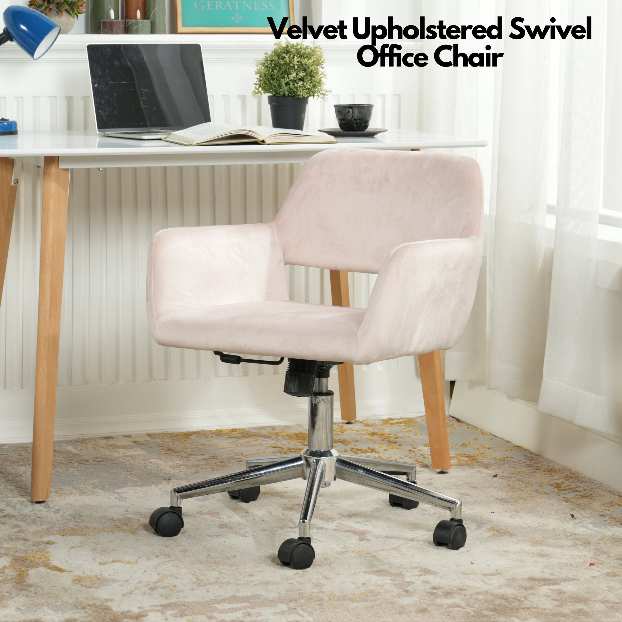 FurnitureR Home Office Chair, Mid Back Velvet Vanity Desk Chairs with Rolling Wheels, Adjustable Chair for Living Room, Bedroom, Studying, Blush