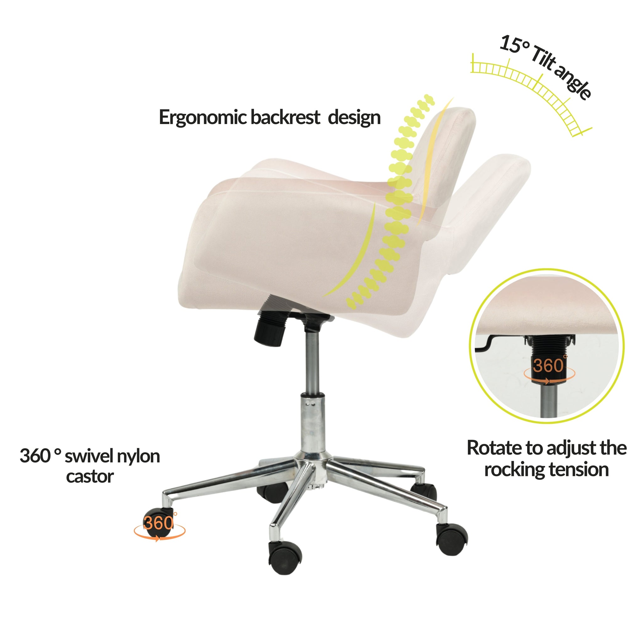 FurnitureR Home Office Chair, Mid Back Velvet Vanity Desk Chairs with Rolling Wheels, Adjustable Chair for Living Room, Bedroom, Studying, Blush