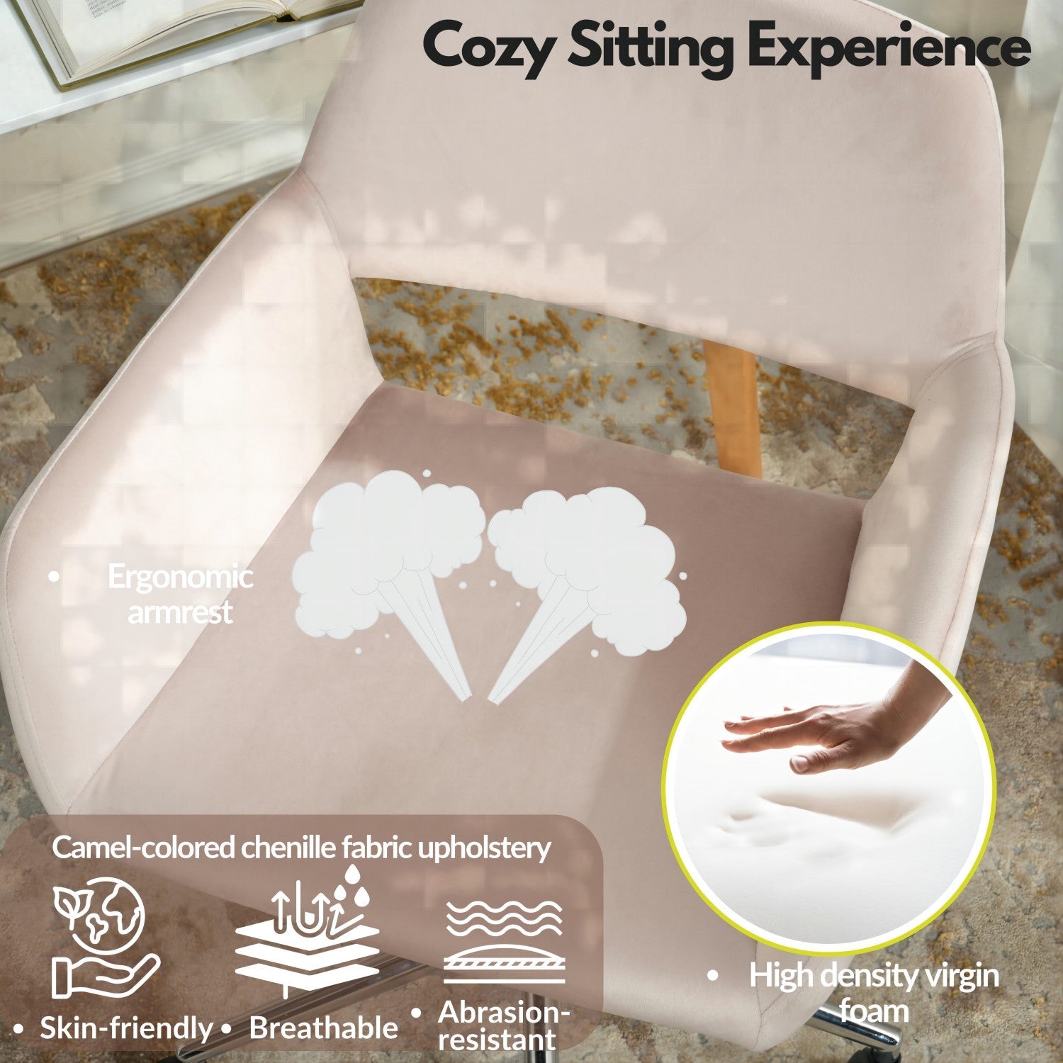 FurnitureR Home Office Chair, Mid Back Velvet Vanity Desk Chairs with Rolling Wheels, Adjustable Chair for Living Room, Bedroom, Studying, Blush