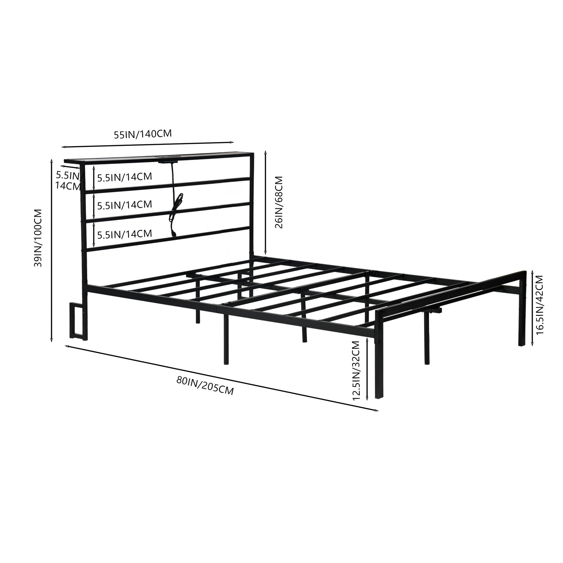 Estructura de cama metálica de tamaño completo FurnitureR con luces LED y estación de carga, cabecero y piecero de hierro forjado, estantes de almacenamiento, almacenamiento debajo de la cama