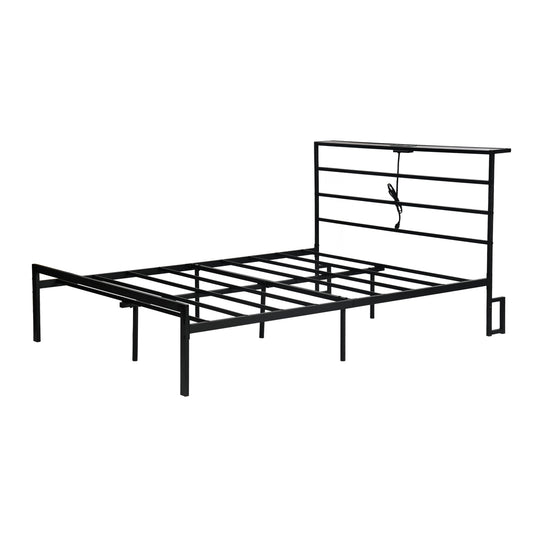 FurnitureR Full Size Metal Bed Frame with Led Lights and Charging Station, Iron-Art Headboard and Footboard, Storage Shelves, Under Bed Storage