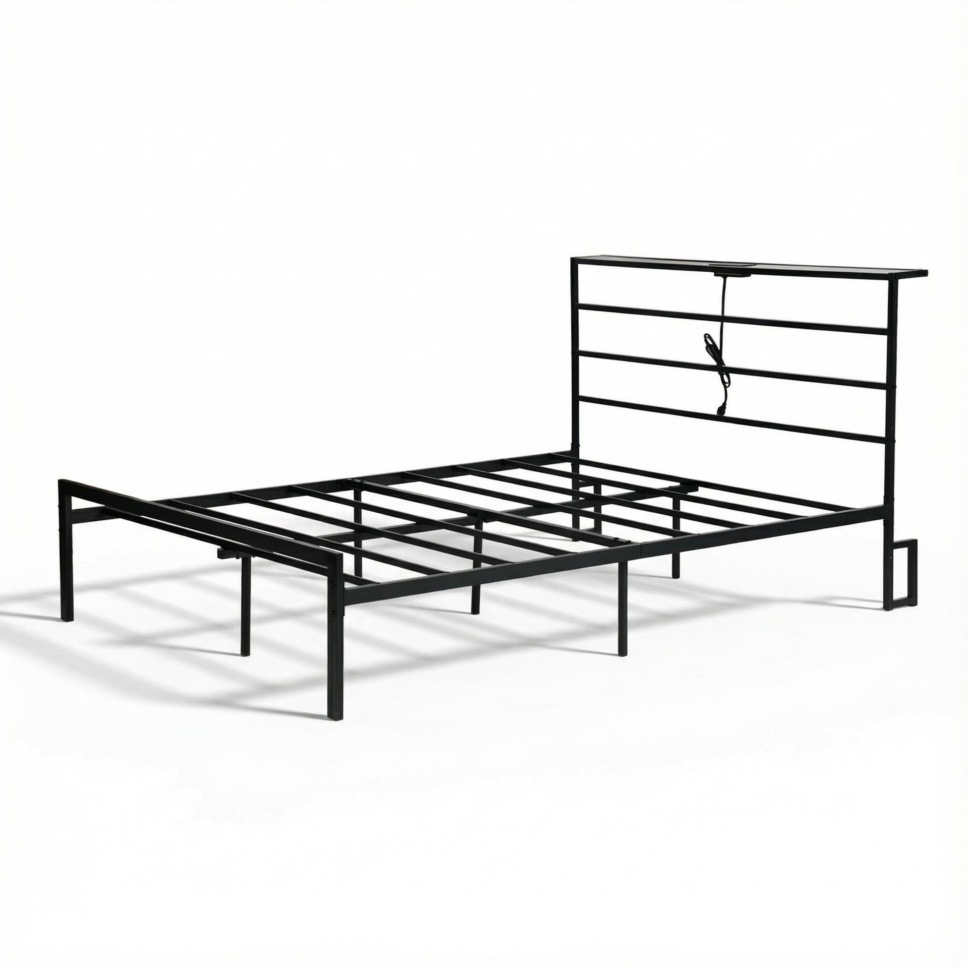 Estructura de cama metálica de tamaño completo FurnitureR con luces LED y estación de carga, cabecero y piecero de hierro forjado, estantes de almacenamiento, almacenamiento debajo de la cama