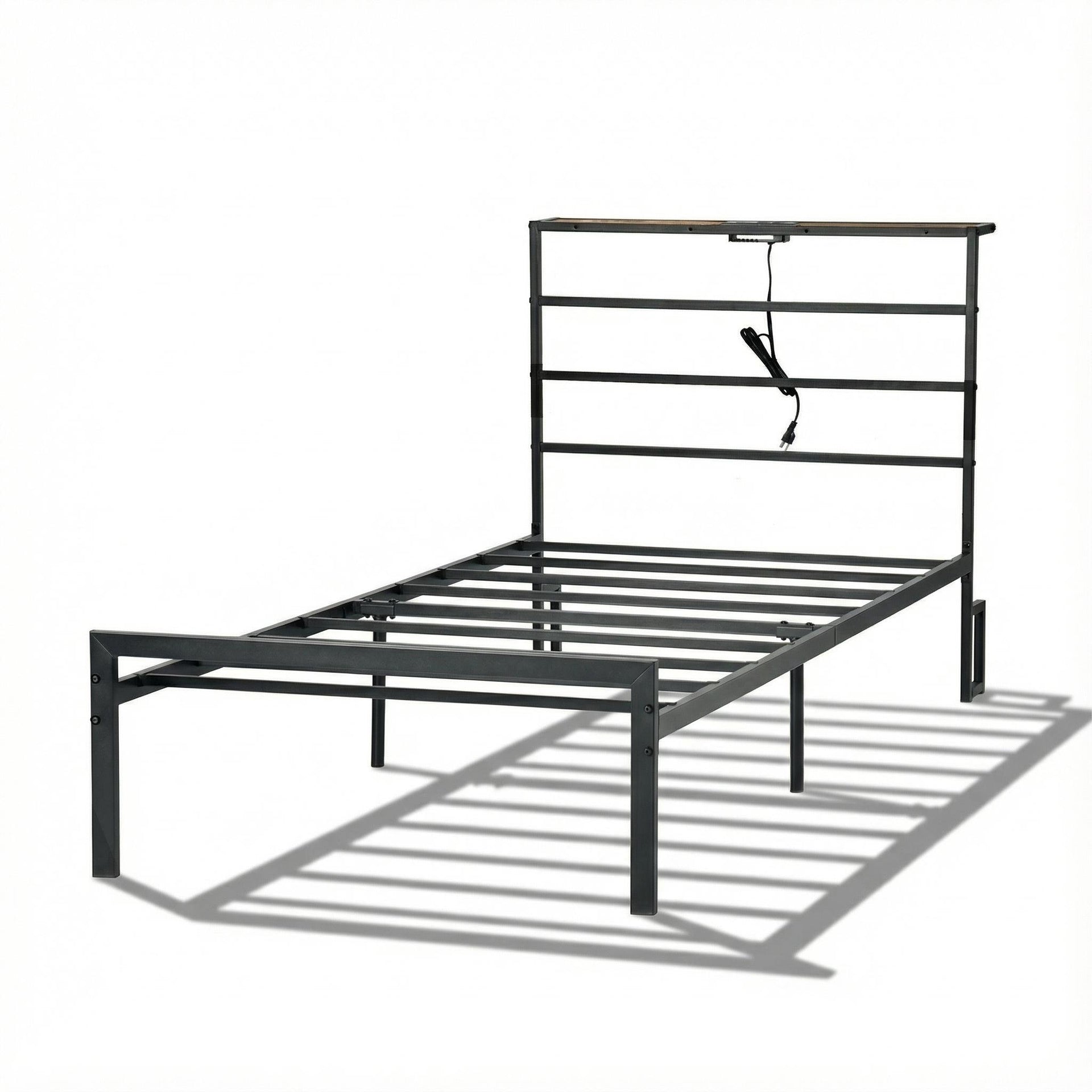 Base de cama de metal FurnitureR doble con luces LED y estación de carga, base para colchón, cabecero y piecero de hierro forjado, estantes de almacenamiento, negro
