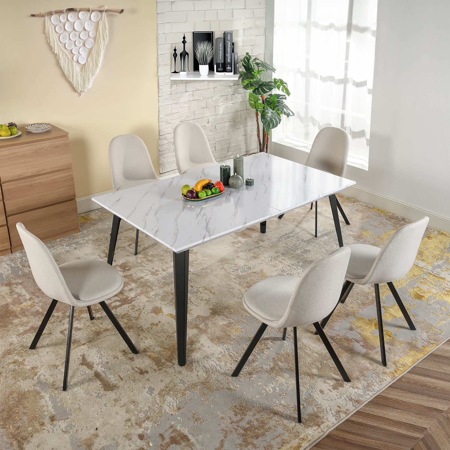 FurnitureR Dining Table for 4-6 Person with Sturdy Thickened Faux Marble Print Tabletop and Metal Steel Legs, Functional Table for Kitchen, White