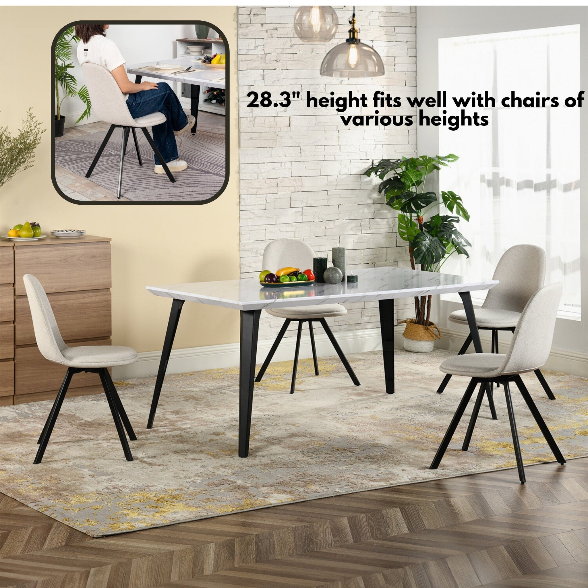 FurnitureR Dining Table for 4-6 Person with Sturdy Thickened Faux Marble Print Tabletop and Metal Steel Legs, Functional Table for Kitchen, White