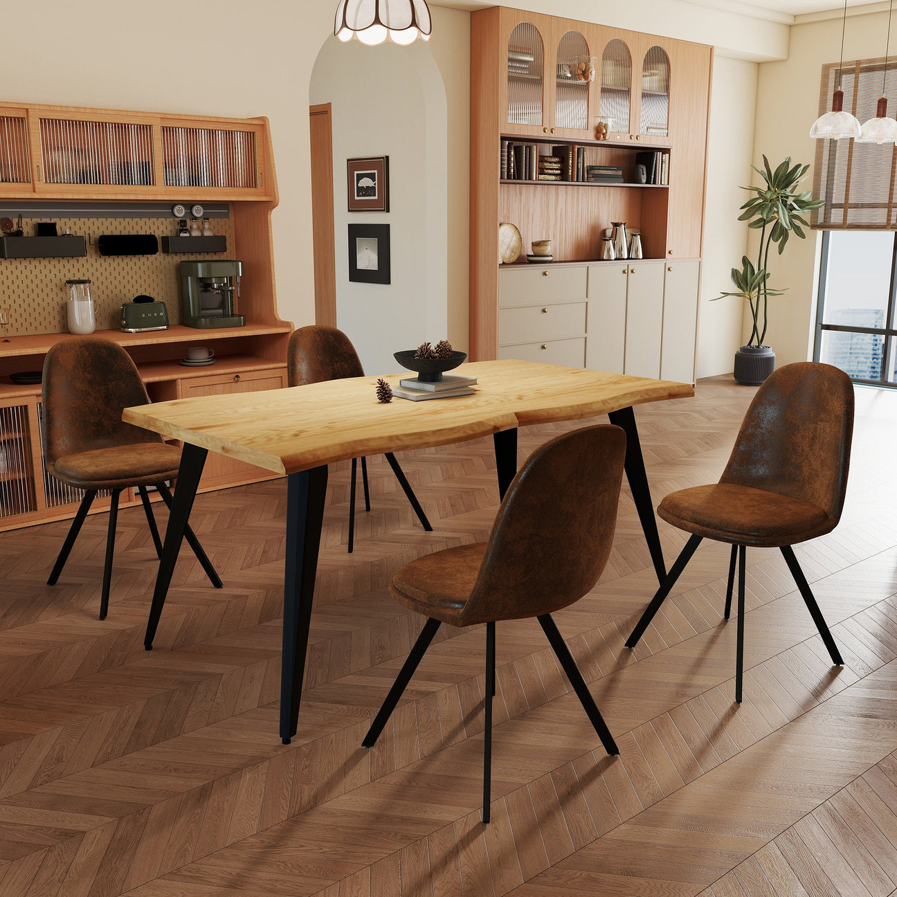 FurnitureR Swivel Suede Dining Chairs Set of 4,  Side Chair Armelss Mid Back with Metal Legs for Dining Room, Kitchen, Restaurant, Cafe, Brown