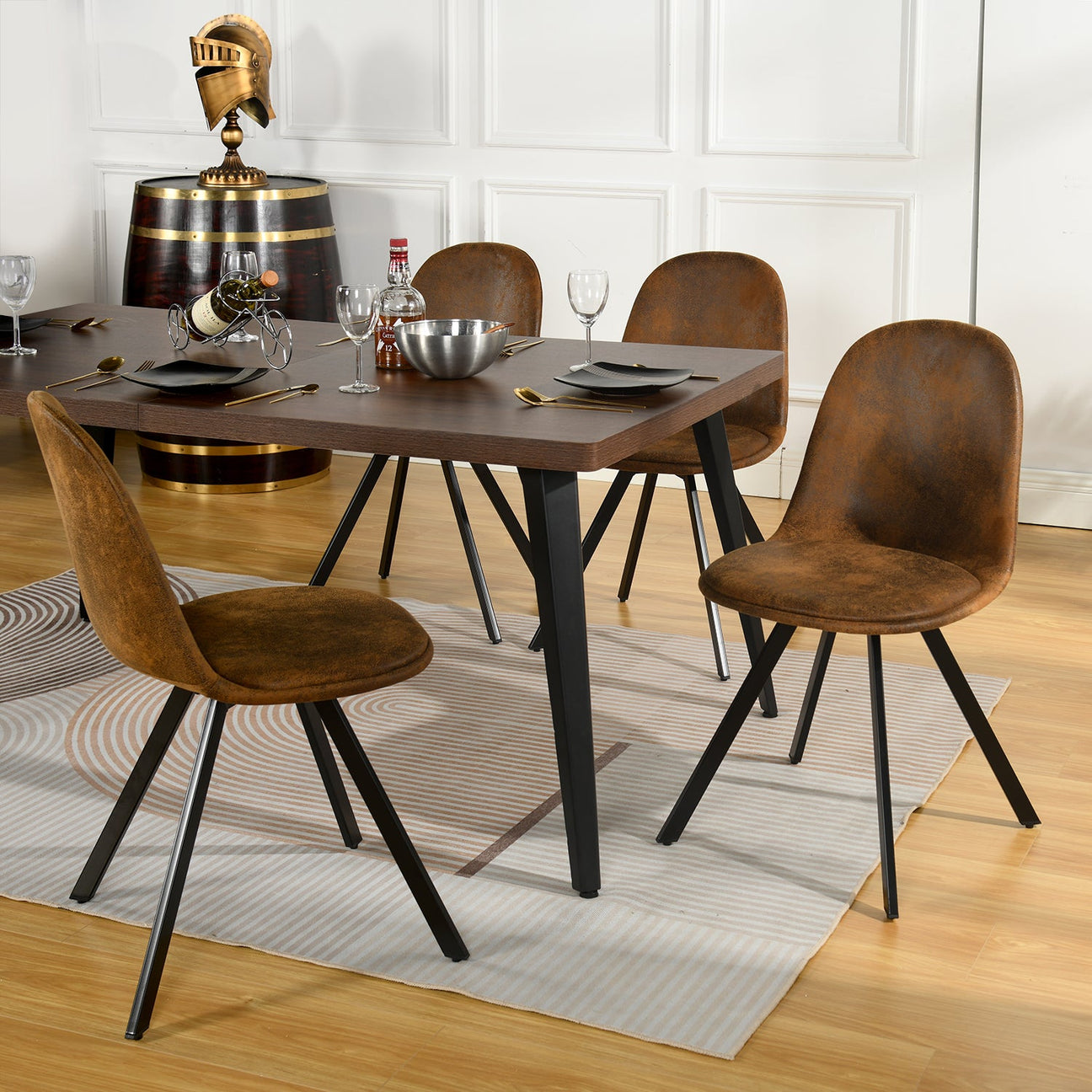 FurnitureR Swivel Suede Dining Chairs Set of 4,  Side Chair Armelss Mid Back with Metal Legs for Dining Room, Kitchen, Restaurant, Cafe, Brown