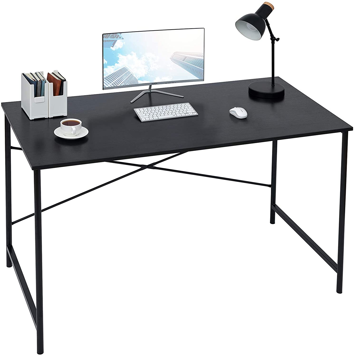 FurnitureR Home Office Desk de 47.2 pulgadas, escritorio de computadora sencillo con patas de metal resistentes, mesa de escritura multiusos para estudiantes, trabajo o estudio, negro