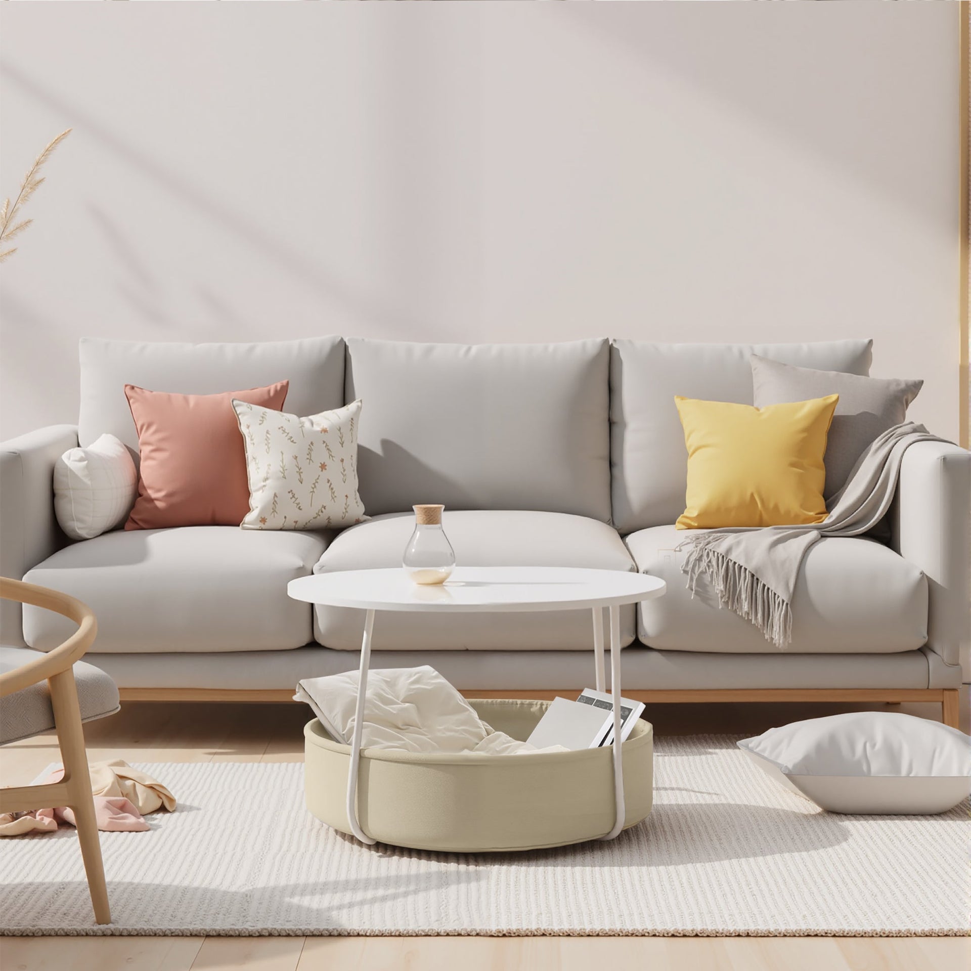 FurnitureR 2-Tier Round Coffee Table with Fabric Storage Basket, Modern 29.53-Inch Accent Center Table for Living Room Bedroom Office, White/Camel