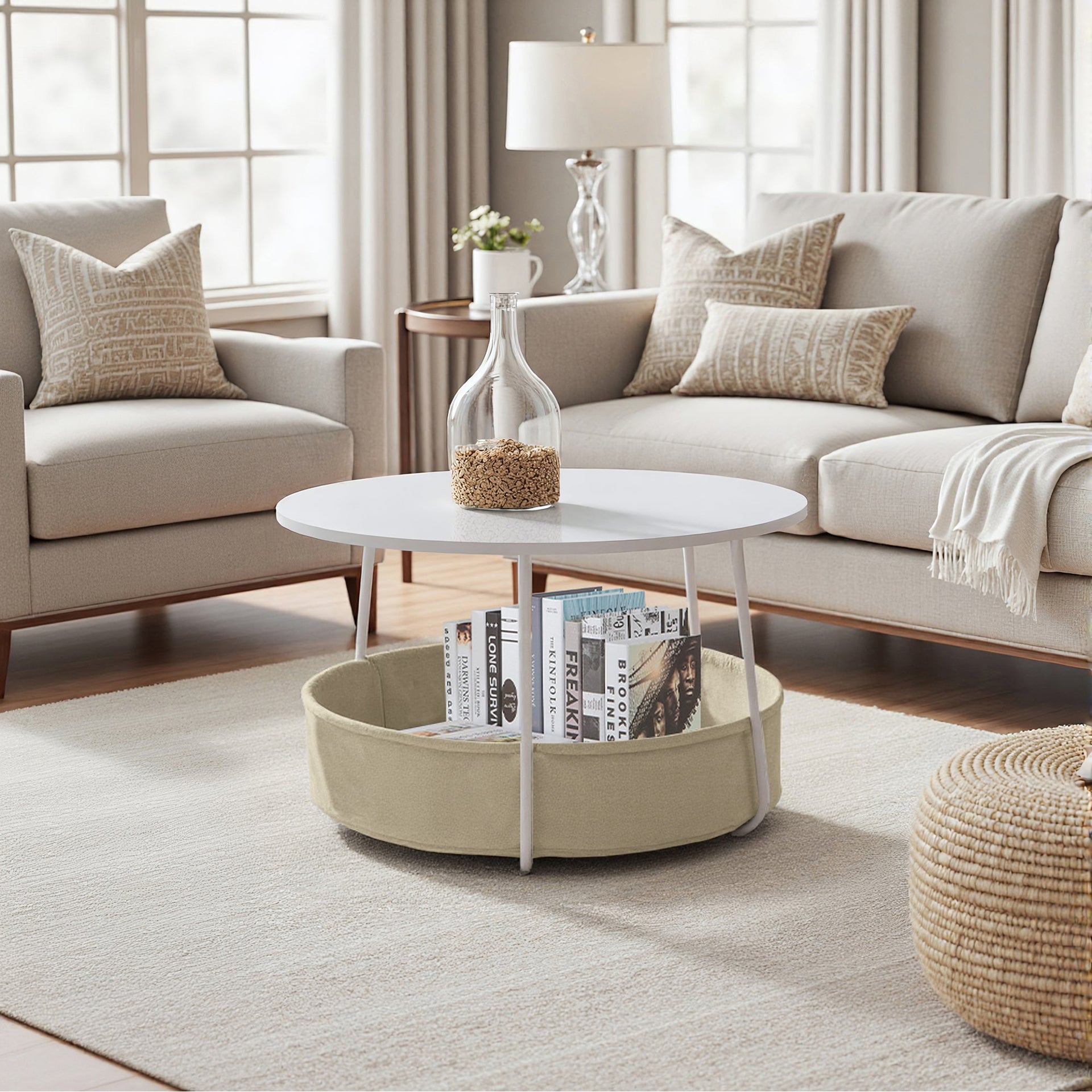 FurnitureR 2-Tier Round Coffee Table with Fabric Storage Basket, Modern 29.53-Inch Accent Center Table for Living Room Bedroom Office, White/Camel