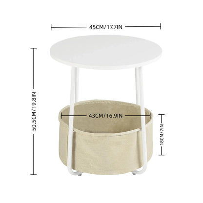 FurnitureR 2-Tier Round Side Table with Fabric Storage Basket, Small End Table with Metal Frame for Living Room, Bedroom, Office, or Dorm, White
