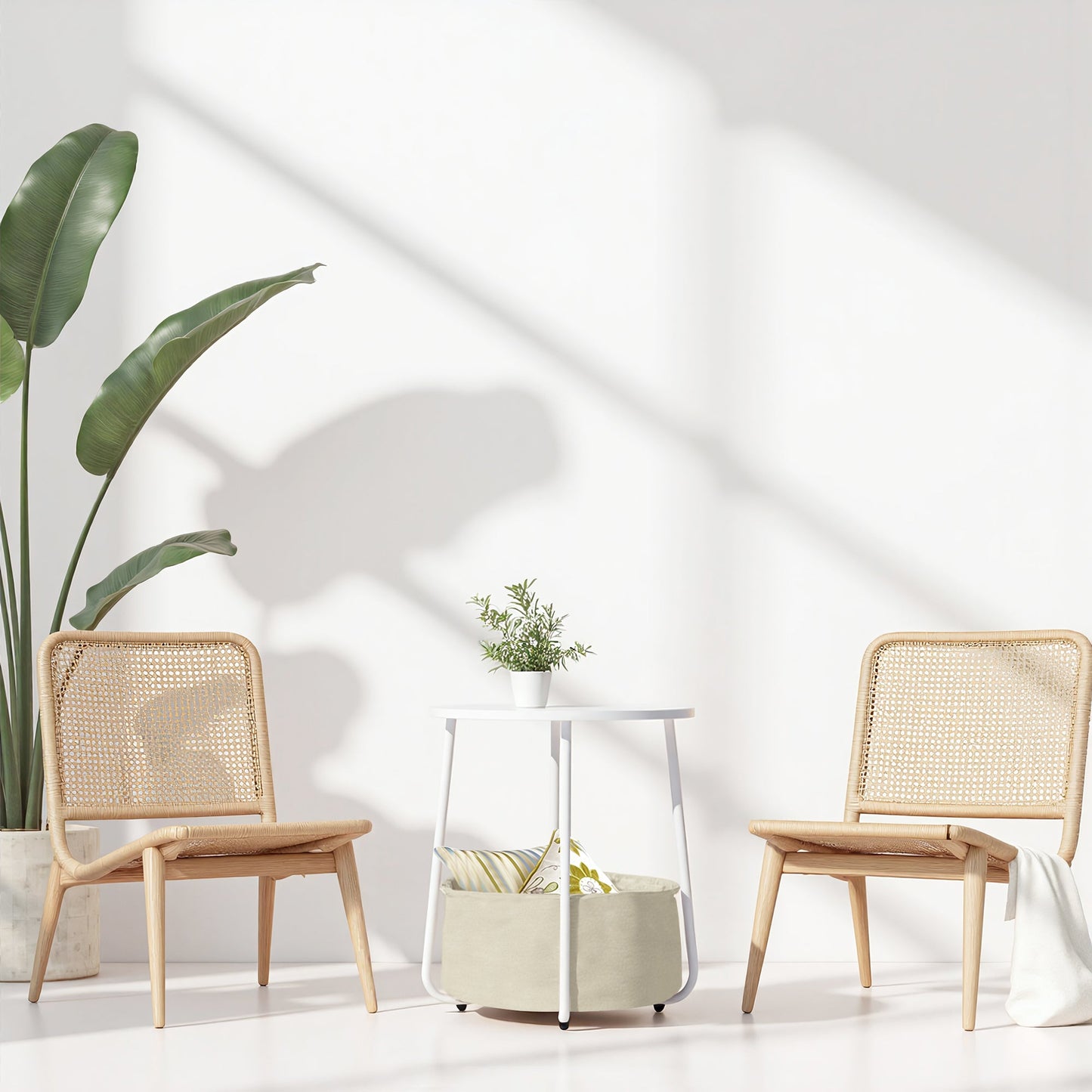 FurnitureR 2-Tier Round Side Table with Fabric Storage Basket, Small End Table with Metal Frame for Living Room, Bedroom, Office, or Dorm, White