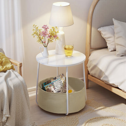 FurnitureR 2-Tier Round Side Table with Fabric Storage Basket, Small End Table with Metal Frame for Living Room, Bedroom, Office, or Dorm, White