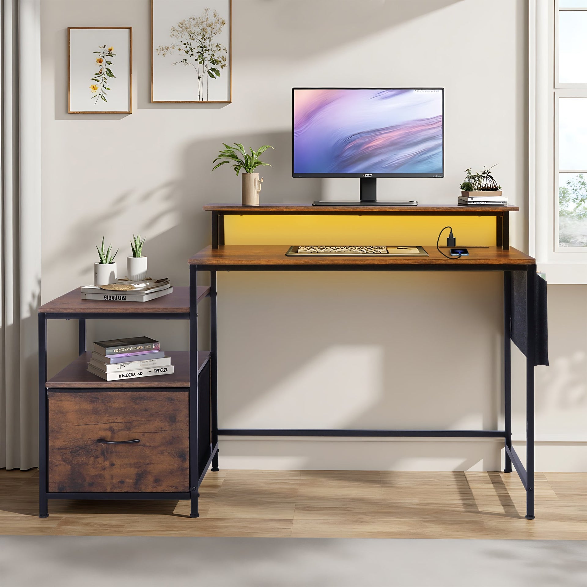 FurnitureR Computer Desk, Monitor Stand,  Storage Drawer, Side Shelf & Cloth Bag, 39.4-Inch Home Office Desk Workstation, Rustic Brown
