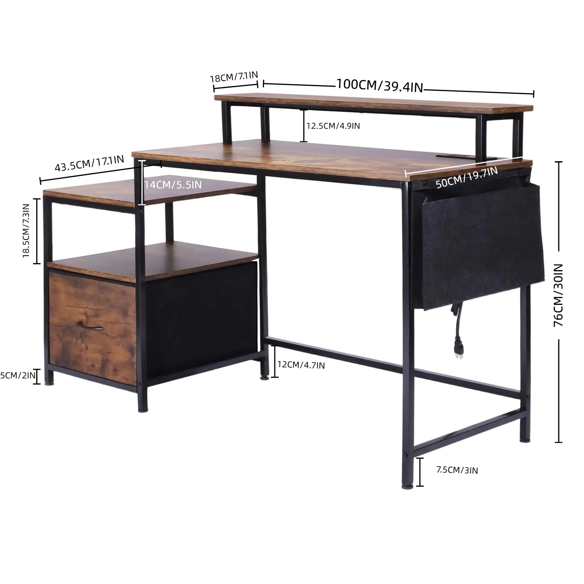 FurnitureR Computer Desk, Monitor Stand,  Storage Drawer, Side Shelf & Cloth Bag, 39.4-Inch Home Office Desk Workstation, Rustic Brown