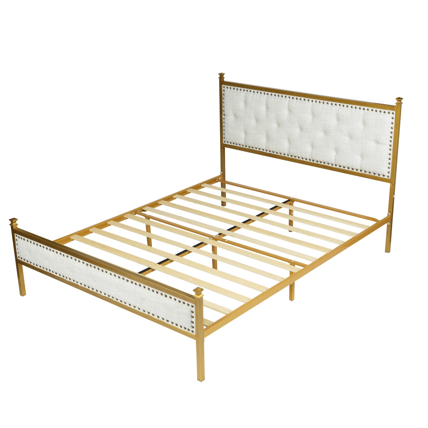 FurnitureR Queen Size Upholstered Bed Frame with Tufted Headboard and Wood Slat Support, Modern Platform Bed for Bedroom