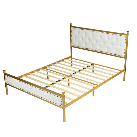 FurnitureR Queen Size Upholstered Bed Frame with Tufted Headboard and Wood Slat Support, Modern Platform Bed for Bedroom