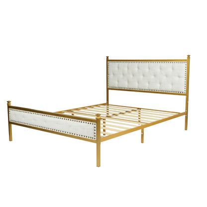 FurnitureR Queen Size Upholstered Bed Frame with Tufted Headboard and Wood Slat Support, Modern Platform Bed for Bedroom