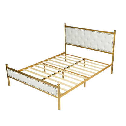 FurnitureR Queen Size Upholstered Bed Frame with Tufted Headboard and Wood Slat Support, Modern Platform Bed for Bedroom