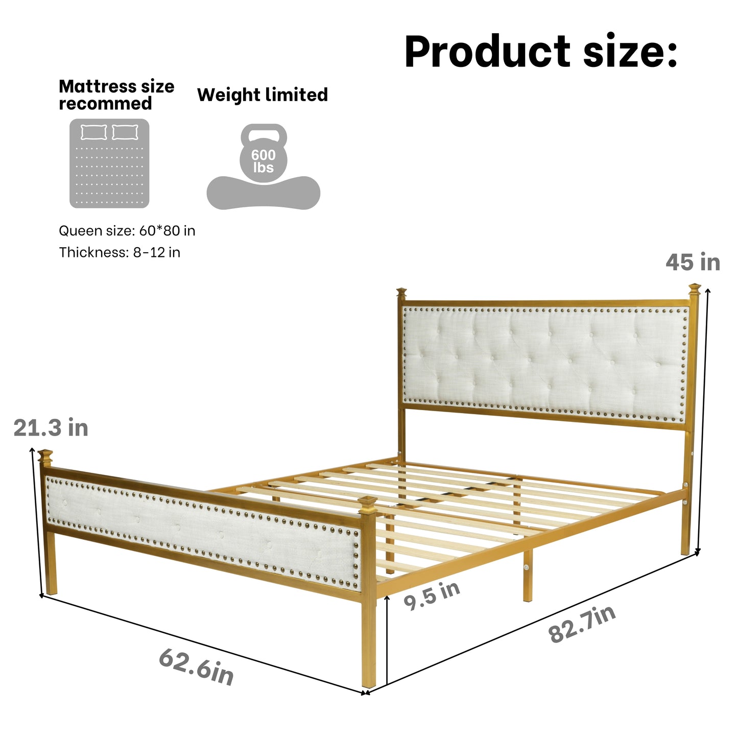 FurnitureR Queen Size Upholstered Bed Frame with Tufted Headboard and Wood Slat Support, Modern Platform Bed for Bedroom