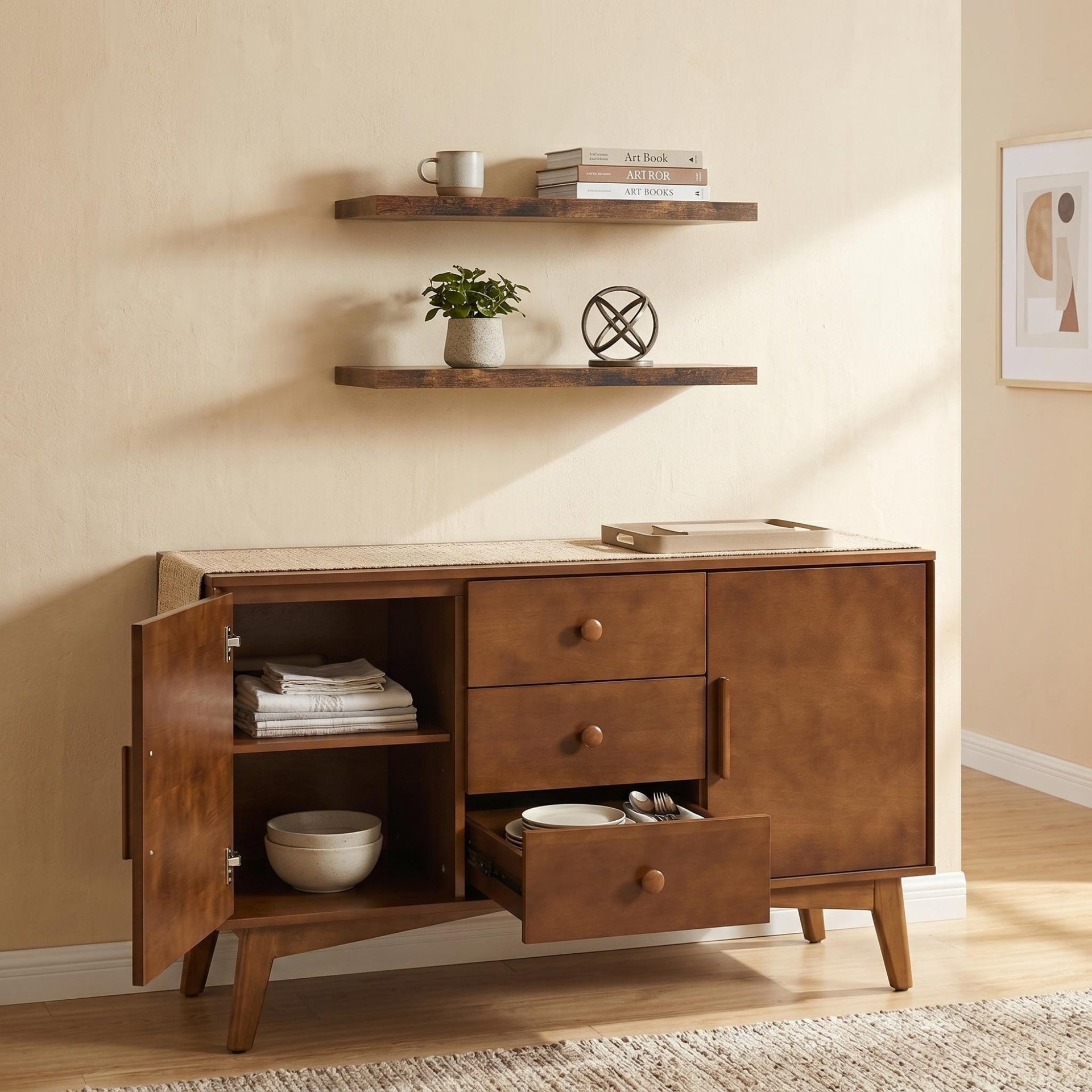 Virelay FurnitureR Mid Century Modern Sideboard Cabinet with Storage for Small Apartments, Walnut MDF & Metal