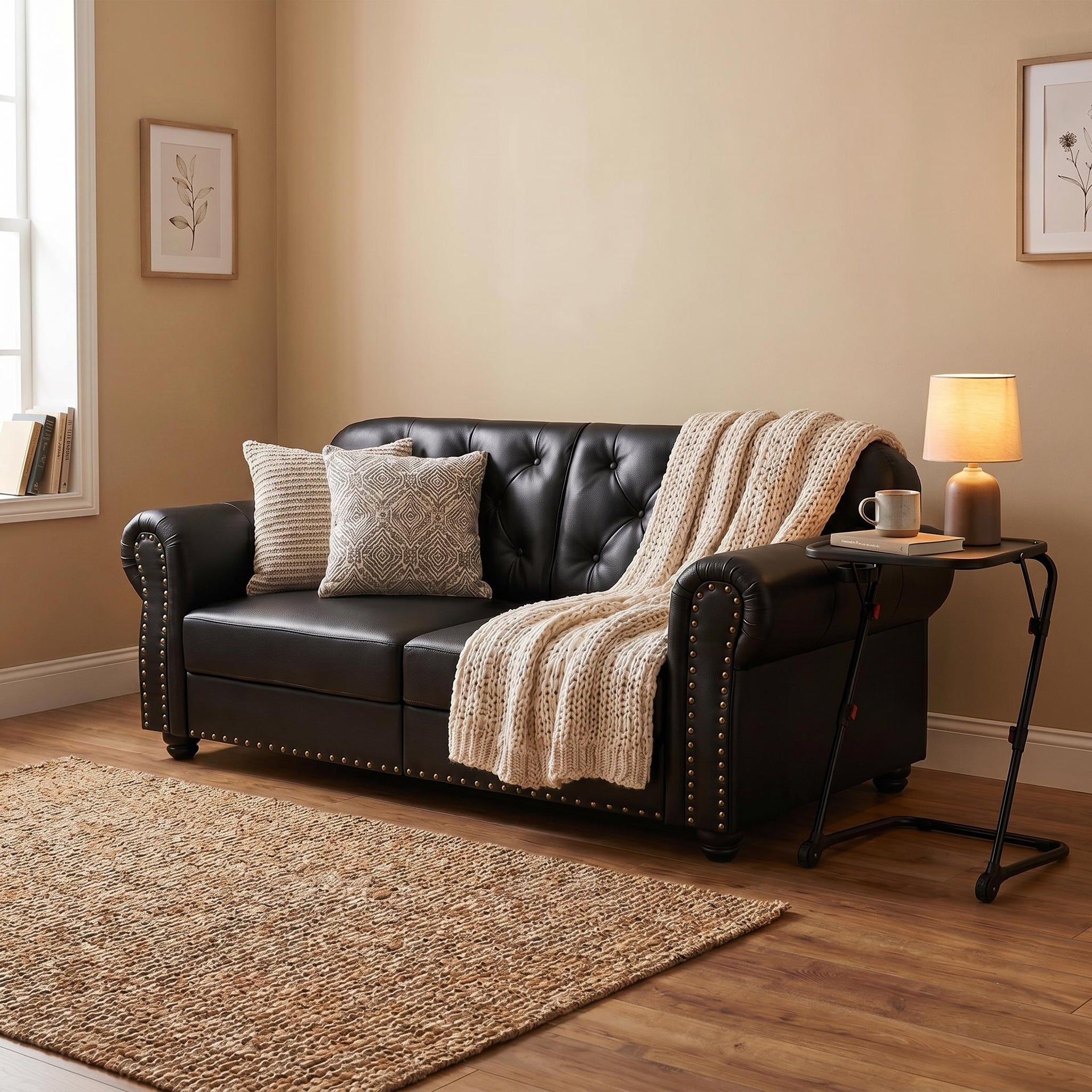 Excisable FurnitureR 63" Faux Leather Chesterfield Sofa with Nailhead Trim for Small Apartments, Black