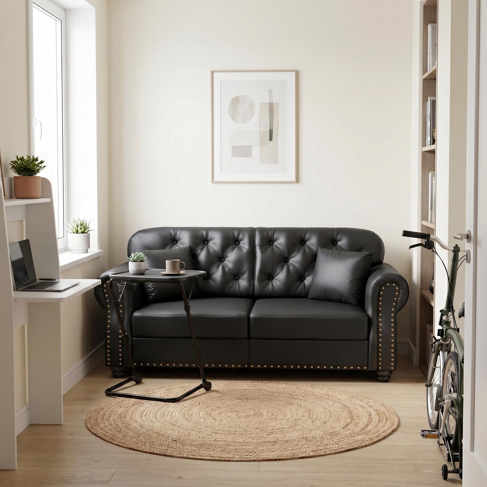 Excisable FurnitureR 63" Faux Leather Chesterfield Sofa with Nailhead Trim for Small Apartments, Black