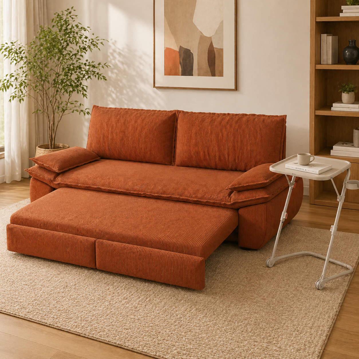 Insulsity FurnitureR 3-in-1 Convertible Corduroy Sofa Bed with Pull-Out Sleeper for Small Apartments, Orange