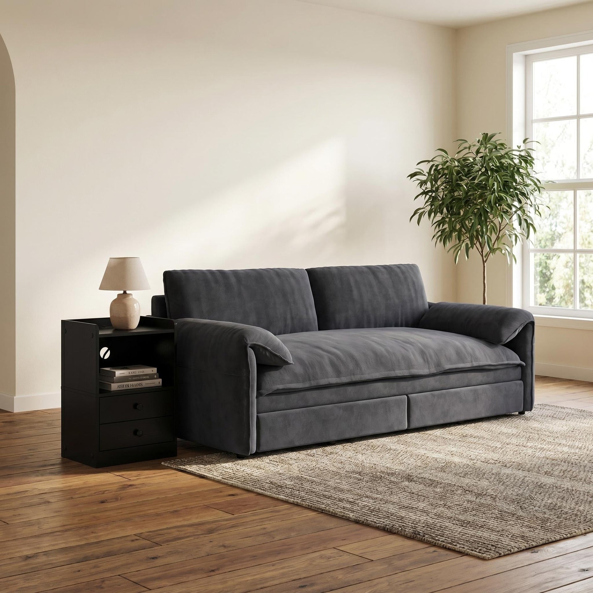 FurnitureR 3-in-1 Convertible Queen Sofa Bed with Pull-Out Sleeper Function, Modern Couch with LED Charging Nightstand Set for Apartment Living Room