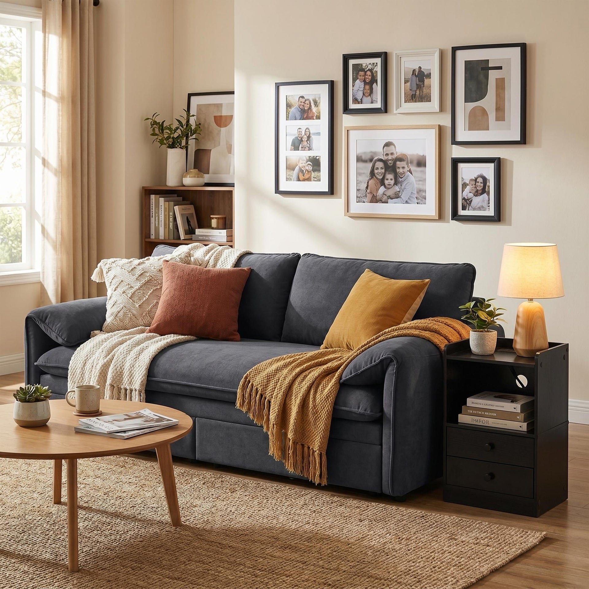 FurnitureR 3-in-1 Convertible Queen Sofa Bed with Pull-Out Sleeper Function, Modern Couch with LED Charging Nightstand Set for Apartment Living Room