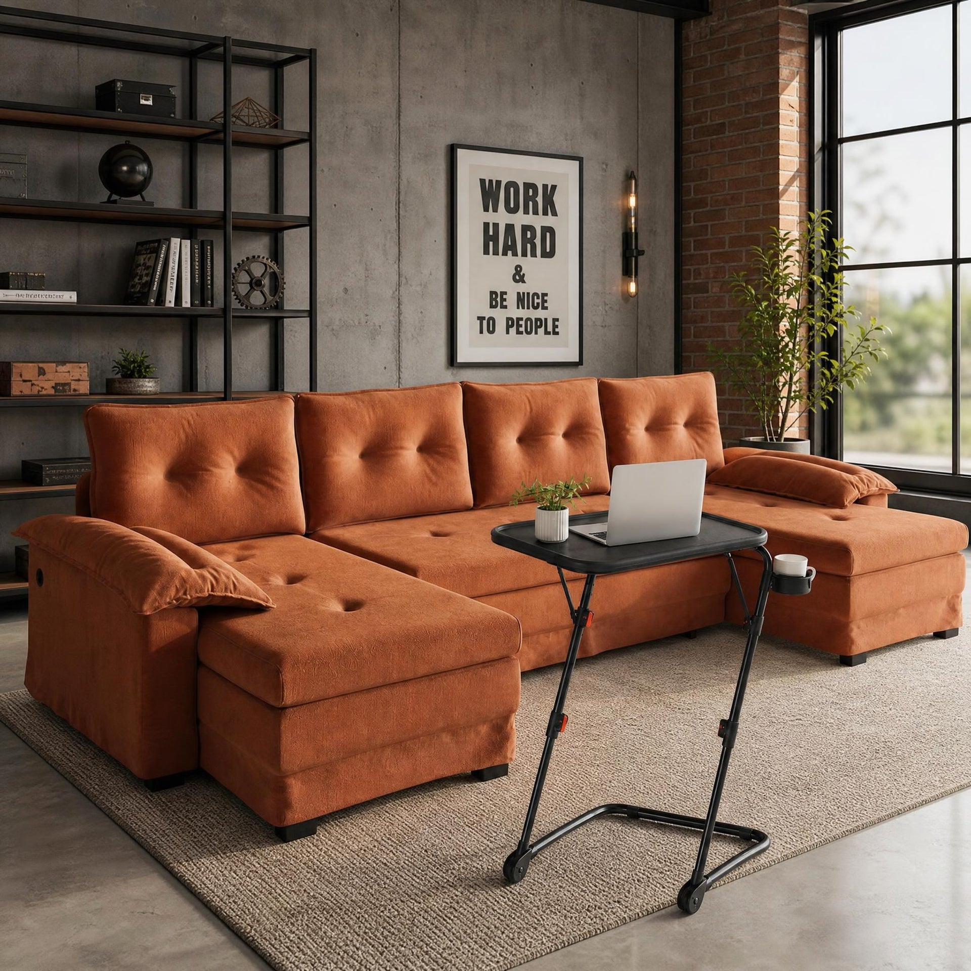 Cellist FurnitureR U-Shaped Sleeper Sofa with Pull-Out Bed & USB Ports for Small Apartments, Orange Chenille