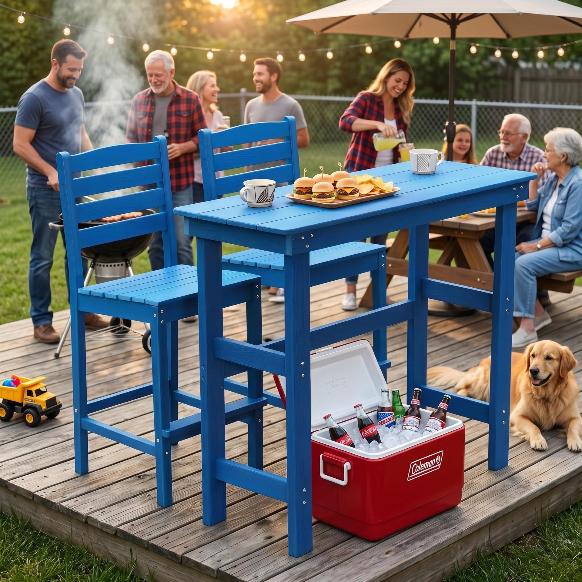 Enrobement FurnitureR Outdoor Bar Table and Chairs Set with Weatherproof HDPE for Patio, Lake Blue
