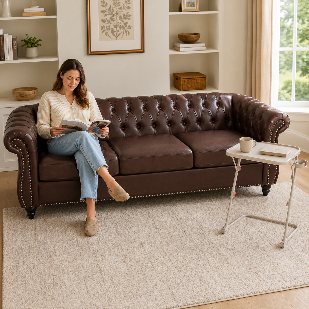 FurnitureR 84.65" Chesterfield Leather Sofa with Free Tray & Side Table