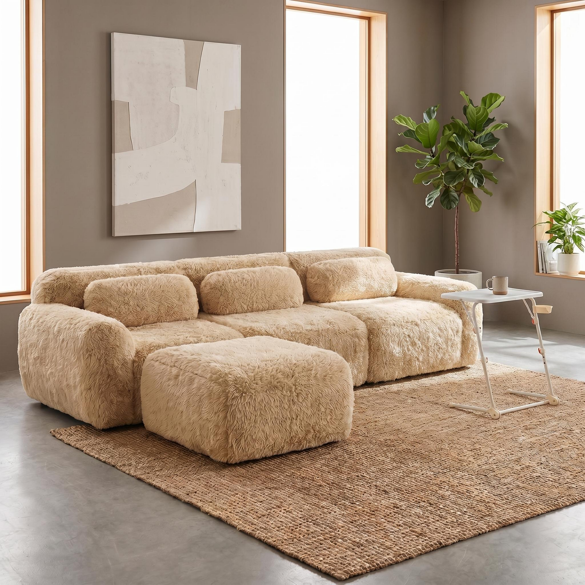 Parodied FurnitureR L-Shaped Plush Sectional Sofa Set with Ottoman & Laptop Desk – Modular Floor Couch for Living Room, Chocolate Brown