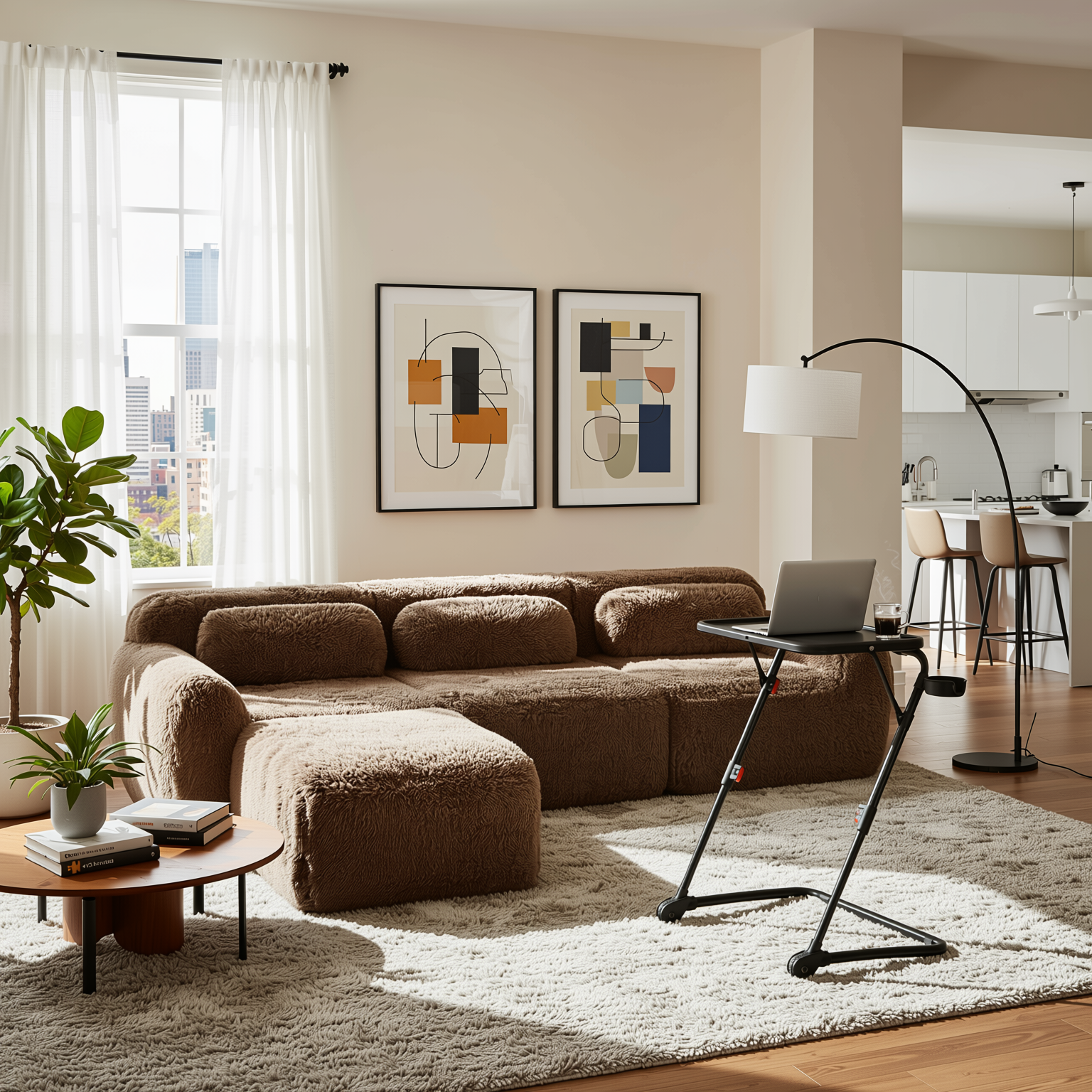 Parodied FurnitureR L-Shaped Plush Sectional Sofa Set with Ottoman & Laptop Desk – Modular Floor Couch for Living Room, Chocolate Brown