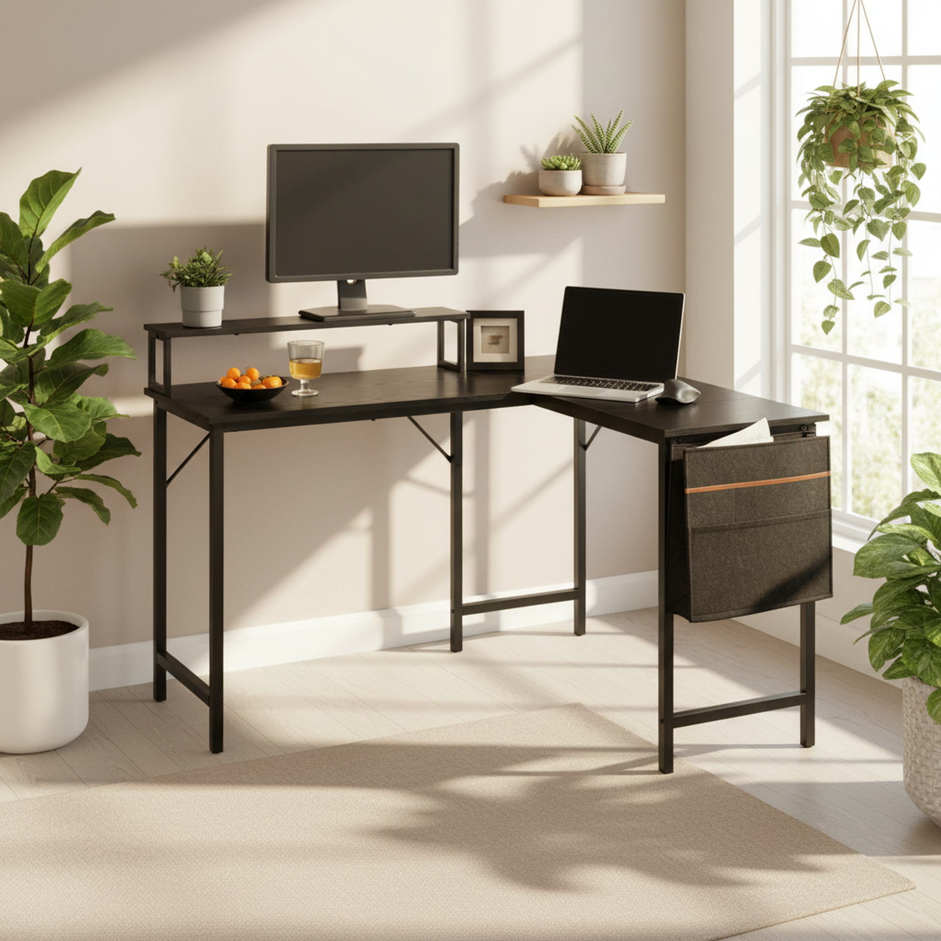 FurnitureR L Shaped Computer Desk Reversible with LED Lights, 48.8" Writing Gaming Table with Shelf, Home Office Desk Corner Desk with Storage Bag
